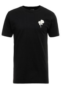 Black cotton T-shirt with short sleeves and a round neckline. Features a white rose graphic on the left chest area.
