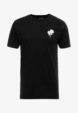 Zwarte katoenen T-shirt met korte mouwen en een ronde hals. Heeft een witte rozenafbeelding op de linkerborst.