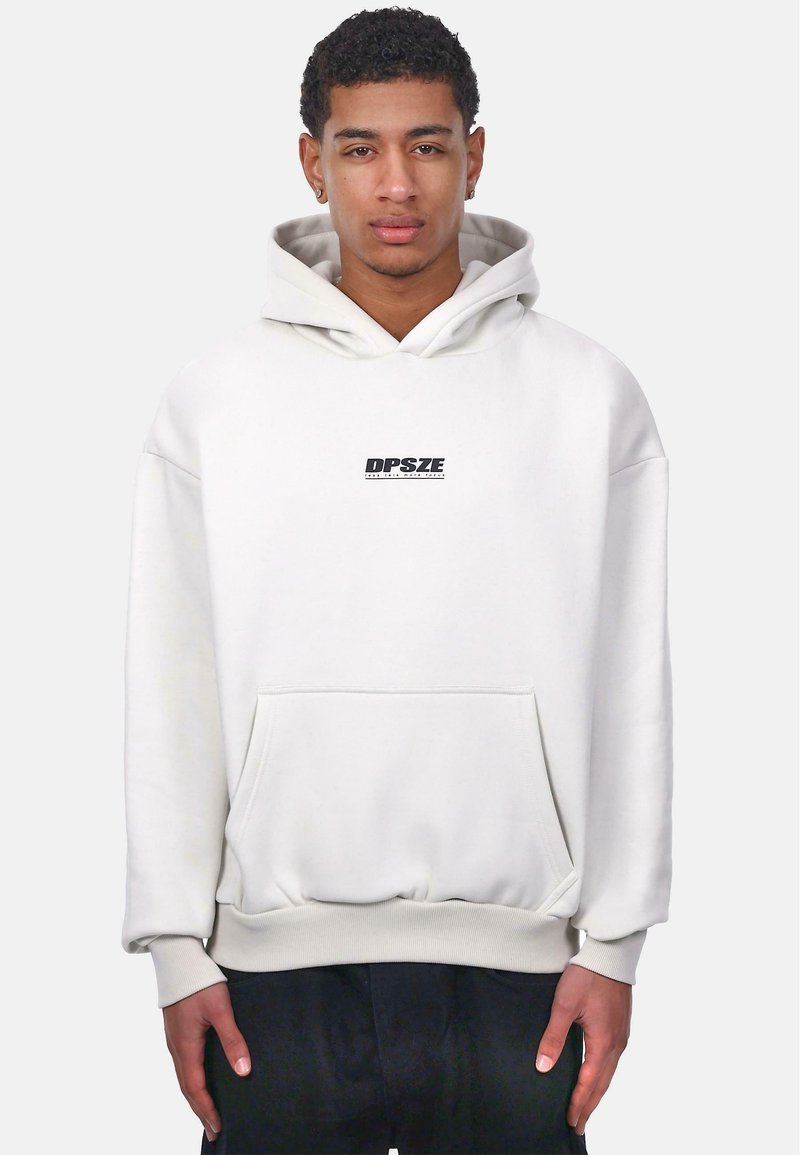 White sweatshirt with a hood, featuring a black "DPSZE" logo on the chest, ribbed cuffs, and a front pocket. Soft texture fabric.