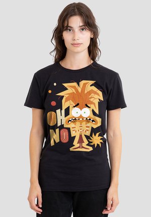 Black cotton t-shirt featuring a cartoon graphic in orange and white, depicting a character with spiky hair and the text "OH NO."