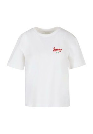 Weißes Baumwoll-T-Shirt mit kurzen Ärmeln, featuring roten "Espresso" Text und grünen Akzenten. Klassischer Rundhalsausschnitt, lässige Passform, schlichte Gestaltung.