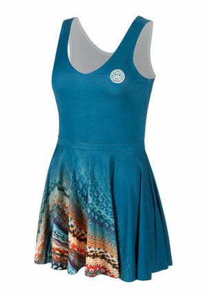 Vestido sin mangas color azul verdoso con parte superior ajustada, falda acampanada y patrón geométrico multicolor en la mitad inferior.