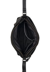 Borsa a mano in pelle nera con chiusura a zip, interno spazioso con diversi scomparti, texture liscia e tracolla removibile.
