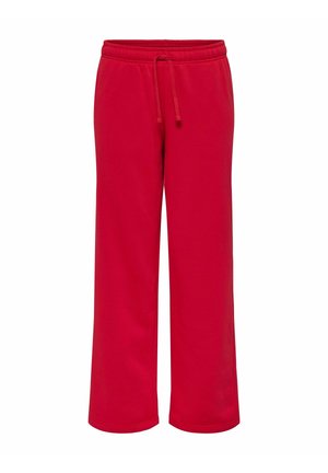 Czerwone dresy wykonane z miękkiego materiału, z elastycznym pasem ze sznurkiem, luźnymi nogawkami i bez widocznych wzorów czy elementów metalowych.
