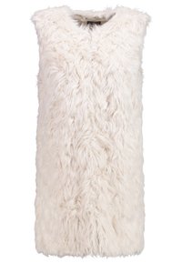 Faux fur-väst i krämfärg med en mjuk, texturerad yta, ärmlös design och rund halsringning. Inga synliga knäppningar.