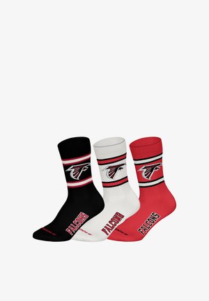 Three pairs of socks: black, white, and red. Each has a team logo, horizontal stripes, and "FALCONS" text on the soles. Cotton blend material.