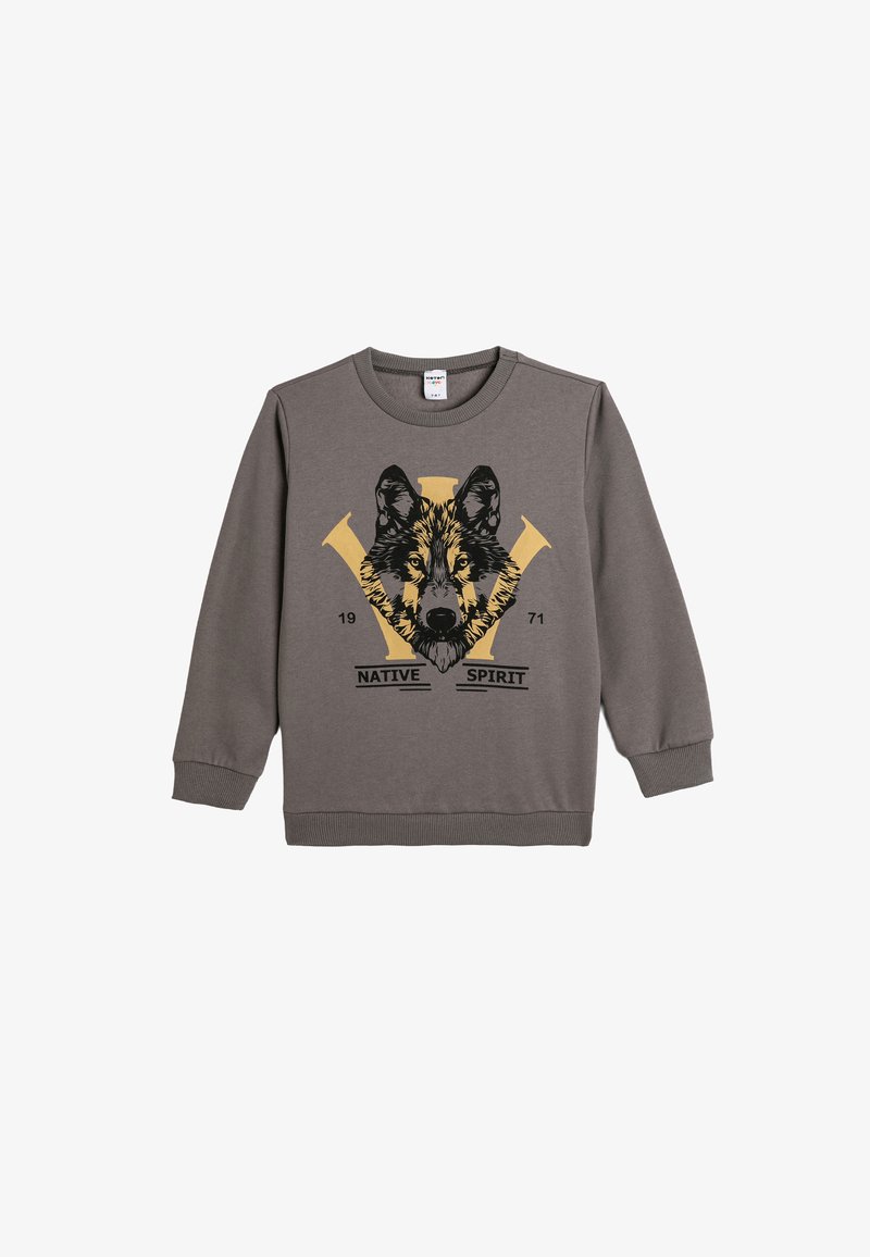 Szary sweatshirt z długimi rękawami, z grafiką czarno-żółtego wilka i napisem "NATIVE SPIRIT". Ściągacze przy mankietach i u dołu.
