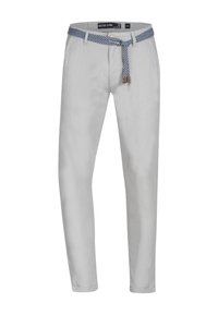Ljusgrå byxor av mjukt tyg med ett vävt blått och vitt mönstrat bälte och en smal passform med avsmalnande ben.