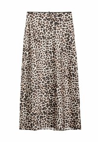 Maxi suknja s leopard uzorkom od mekanog materijala, s glatkom teksturom, svijetlosmešavom pozadinom s tamnosmešim mrljama i elastičnim pojasom.