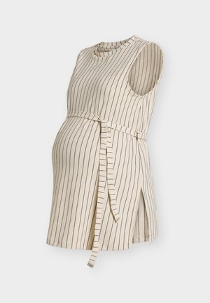 Rochie bej pentru gravide, fără mâneci, cu dungi verticale negre și curea din material textil, prevăzută cu deschideri laterale pentru confort.