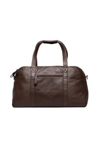 Brown leather duffel bag with double handles, a side zipper pocket, and visible stitching details. Smooth texture and rounded shape.