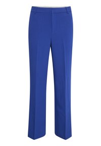 Pantaloni blu su misura con vestibilità dritta, caratterizzati da una parte anteriore liscia, passanti per la cintura e una texture morbida. Nessun motivo o dettaglio visibile.