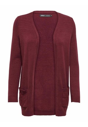Cardigan bordeaux à manches longues, à ouverture sur le devant, et deux poches avant. Fabriqué en tissu tricoté texturé avec des poignets et un ourlet côtelés.