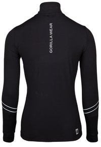 Schwarzes langärmliges Sportshirt mit hohem Kragen, ausgestattet mit dem weißen "GORILLA WEAR"-Logo auf dem Rücken und weißen Akzenten an den Ärmeln.