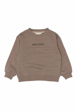 Bluza taupe z długim rękawem i okrągłym dekoltem, z prążkowanymi mankietami i dołem, z naszytym na piersi napisem "NOW STUDIO".