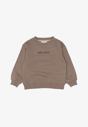 Sweat-shirt taupe à manches longues avec col rond, poignets et ourlet côtelés, avec le texte "NOW STUDIO" brodé sur la poitrine.