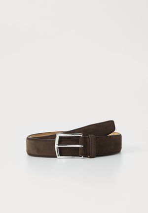 Brown suede belt with a silver rectangular buckle, featuring a smooth texture and minimalist design. No visible patterns or accents.