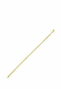 Náramok zo zlatej reťaze s prepojenými článkami, s uzáverom na karabínku. Hladký povrch, rovnaká hrúbka článkov a lesklý vzhľad.