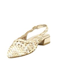 Scarpa slingback intrecciata in materiali metallici oro e argento. Design a punta con un piccolo tacco a blocco e una finitura testurizzata.