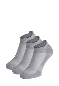 Drei Paar graue Knöchelsocken mit einem strukturierten Muster, nahtlosem Zehendesign und einem tiefen Schnitt für eine bequeme Passform.