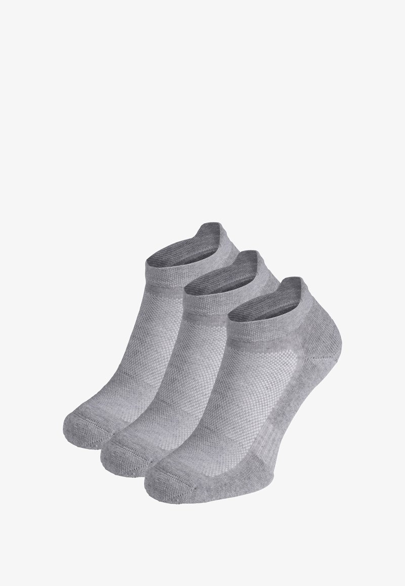 Drei Paar graue Knöchelsocken mit einem strukturierten Muster, nahtlosem Zehendesign und einem tiefen Schnitt für eine bequeme Passform.