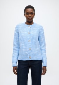 Γαλάζια πλεκτή ζακέτα με ριμπ υφή, στρογγυλή λαιμόκοψη και πέντε μεγάλα κουμπιά κατά μήκος του μπροστινού μέρους. Μακριά μανίκια και άνετη εφαρμογή.