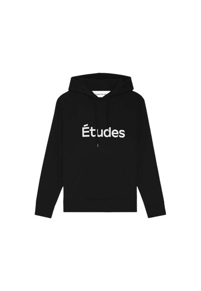 Sweat à capuche noir en coton avec une poche kangourou. Présente un logo "Études" blanc sur le devant, une capuche réglable avec cordon et des poignets côtelés.