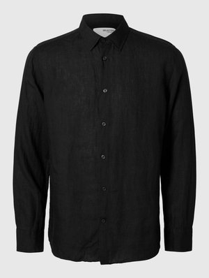 Black linen long-sleeve shirt with a button-up front, pointed collar, and subtle texture; features seven buttons along the placket.