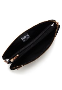 Portafoglio nero Kipling con cerniera, due compartimenti, hardware in oro rosa e etichetta interna con il marchio. Rivestimento interno in tessuto testurizzato.