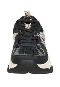 Black athletic shoe with mesh upper, leopard print accents, and black laces. Textured midsole and rubber outsole for grip.