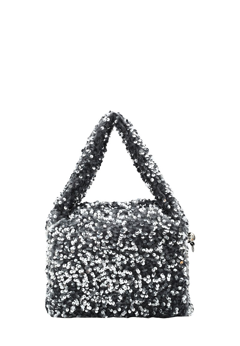 Glänzende schwarze und silberne Handtasche mit einer weichen, strukturierten Oberfläche, die mit Pailletten bedeckt ist. Verfügt über einen einzelnen, runden Griff und einen Reißverschluss.