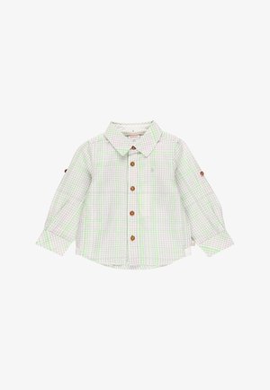 Chemise à manches longues à carreaux verts et blancs avec col boutonné, boutons en bois et manches retroussables. Fabriquée en tissu léger.