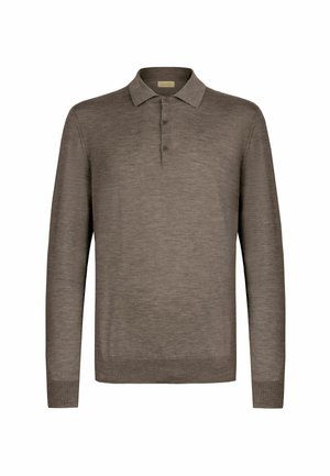 Maglione polo a maniche lunghe in morbido tessuto marrone texturizzato, con patta a tre bottoni, colletto ripiegato e polsini e orlo a coste.