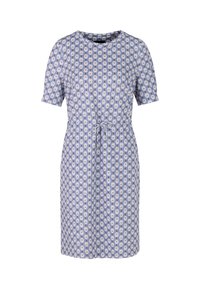 Kurzärmliges Kleid aus hellblauem Stoff mit floralem Muster, Rundhalsausschnitt und einem Taillenzugband für eine anpassbare Passform.