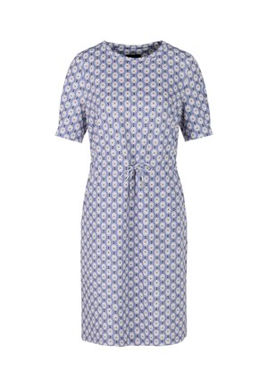 Short-sleeved dress in light blue fabric featuring a floral pattern, round neckline, and a waist drawstring for adjustable fit.