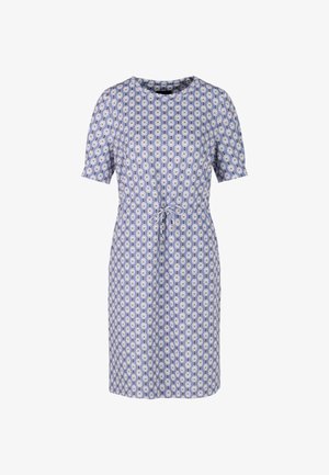 Kurzärmliges Kleid aus hellblauem Stoff mit floralem Muster, Rundhalsausschnitt und einem Taillenzugband für eine anpassbare Passform.