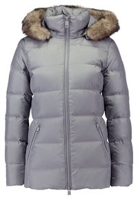 Grijze donzen jas met een afneembare capuchon van imitatiebont, voorzien van horizontale doorgestikte secties, twee zijzakken met ritssluiting en een ritssluiting aan de voorkant.