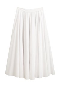 Jupe blanche en A, fabriquée dans un tissu léger avec une taille élastique froncée et un design fluide aux genoux. Texture lisse, sans motifs.