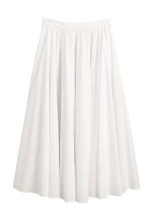 Balta A formos sijonas, pagamintas iš lengvo audinio, su surinkta, elastinga liemens juosta ir laisvai krentanti, iki kelių siekianti dizaino. Lygi tekstūra, be raštų.