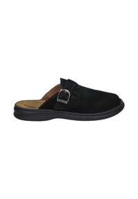 Scarpa slip-on in suede nera con una punta larga, una singola fascia regolabile e una suola in gomma nera texturizzata. L'interno è dotato di un plantare imbottito.