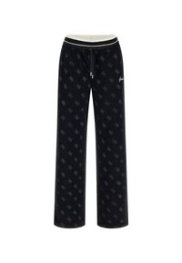 Zwarte sweatpants met een subtiele logopatroon, een tailleband met trekkoord en een contrasterende lichtgekleurde tailleband. Gemaakt van zachte, gestructureerde stof.