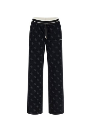 Pantalones de chándal negros con un sutil patrón de logotipos, cintura con cordones y cinturilla de un color claro en contraste. Hechos de una suave tela texturizada.
