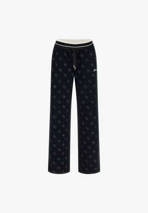 Black sweatpants with a subtle logo pattern, drawstring waist, and contrasting light-colored waistband. Made from soft, textured fabric.