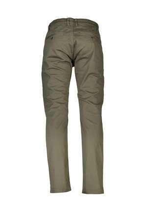 Chinos en coton vert olive avec une coupe droite, dotés de deux poches arrière et de détails de couture visibles sur les coutures.