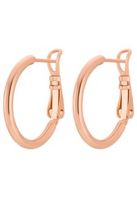 Orecchini a cerchio in oro rosa con una finitura liscia e lucida; presentano una chiusura sicura e una forma arrotondata per un design pulito e minimale.