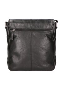 Borsa a tracolla nera in pelle con una tasca frontale con zip, linee pulite e una texture morbida. Presenta una tracolla regolabile.