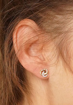 Gold- und silberne Steckerohrringe mit miteinander verflochtenen kreisförmigen Designs, geschmückt mit kleinen klaren Kristallen, auf einer strukturierten Ohroberfläche.