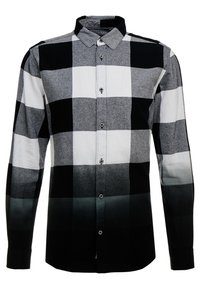 Schwarz-weiß kariertes Langarmhemd mit Verlauf von Hellgrau zu Schwarz, ausgestattet mit einem Button-Down-Kragen und Metallknöpfen.