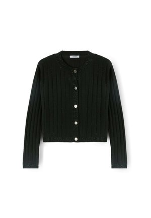 Zwarte geribde cardigan met lange mouwen, ronde halslijn en een rij metalen knopen. Beschikt over subtiele sprankelende details langs de randen.