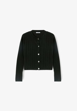 Black ribbed cardigan with long sleeves, round neckline, and a row of metallic buttons. Features subtle sparkle detailing along the edges.